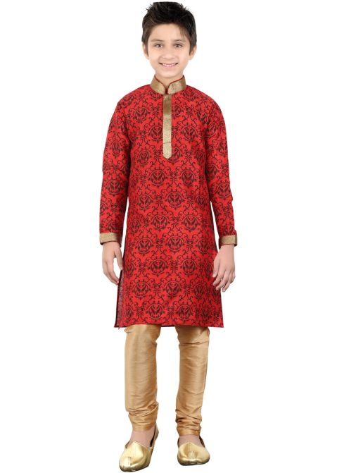 Readymade Red Art Silk Kids Kurta Pajama