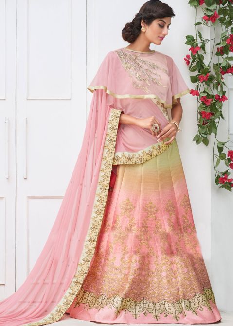 Multi Colour Lehenga - Buy Digital Print Art Silk Green and Peach Lehenga