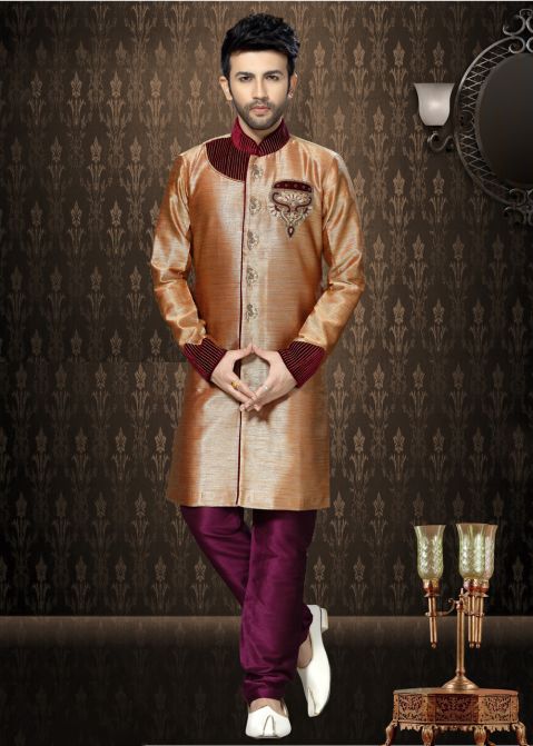 Readymade Beige Art Silk Indo Western Sherwani