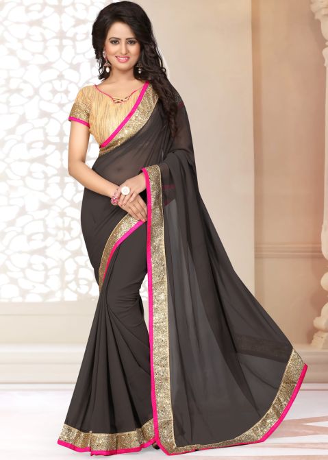 Patch Border Georgette Saree in Grey