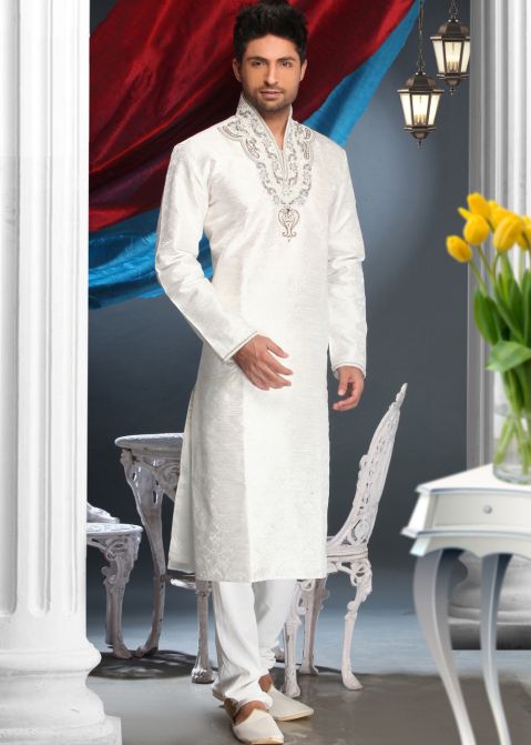 Readymade Of White Jacquard Kurta Pyjama