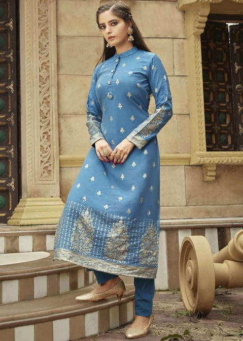 Blue Woven Kurta & Pant In Jacquard