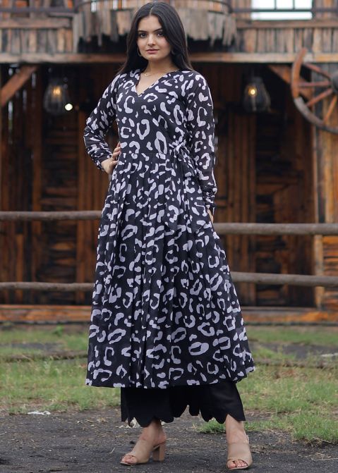 Black Readymade Digital Printed Georgette Kurta Palazzo Set