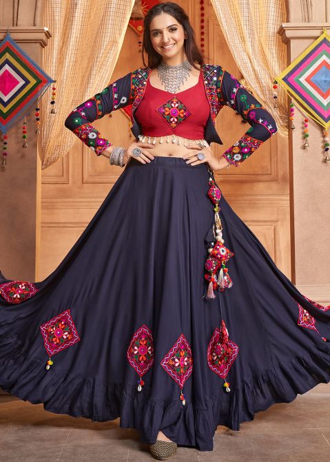 Blue Embroidered Navratri Skirt Set & Jacket