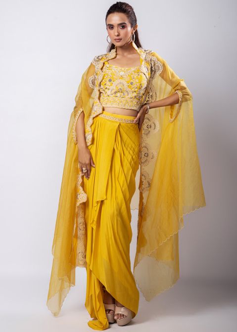 Yellow Embroidered Skirt Set With Jacket