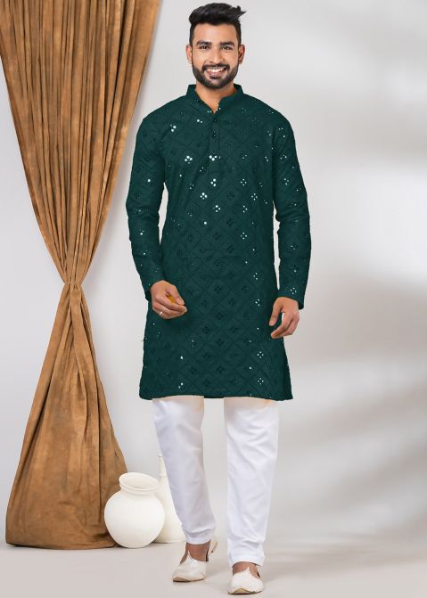 Green Mens Kurta Pajama In Foil Mirror Work