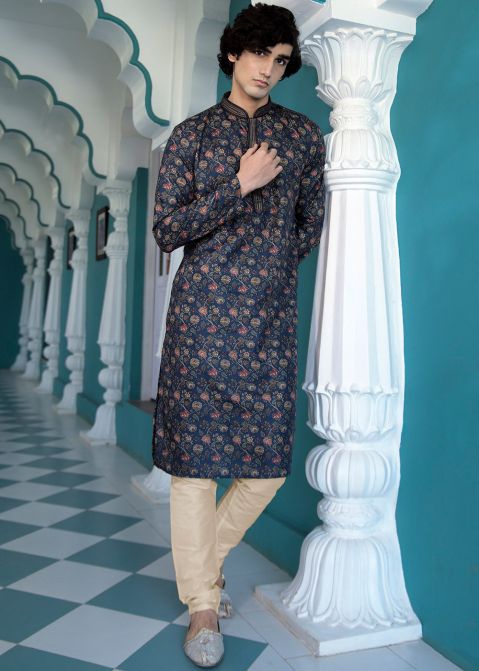 Navy Blue Art Silk Digital Floral Print Kurta Pajama