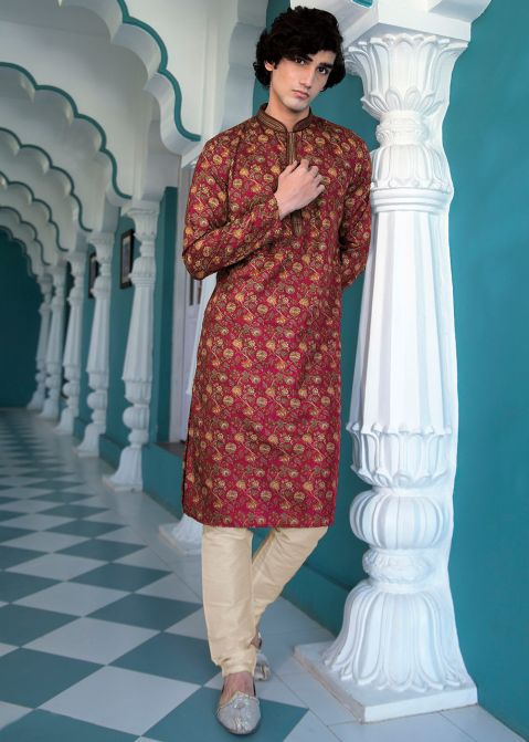 Red Men Digital Floral Print Kurta With Pajama