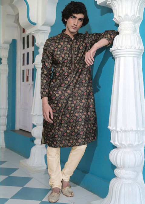 Readymade Black Digital Floral Print Kurta Pajama