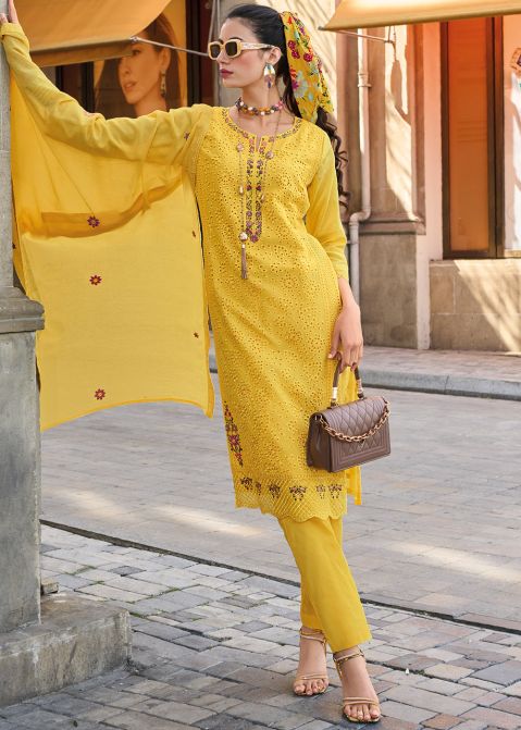 Yellow Embroidered Pant Suit Set In Cotton