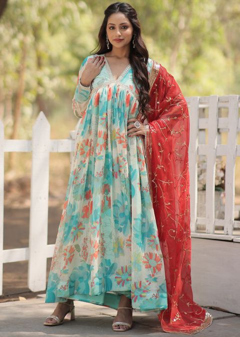 Blue Floral Print Anarkali Suit Set In Art Silk