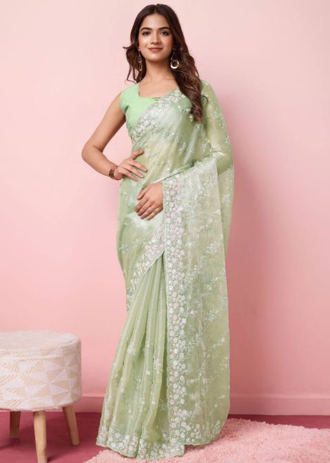 Green Art Silk Saree In Sequins Work