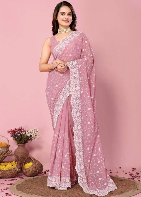 Pink Embroidered Saree In Georgette