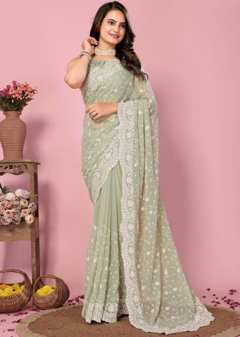 Green Sequins Embroidered Saree In Georgette