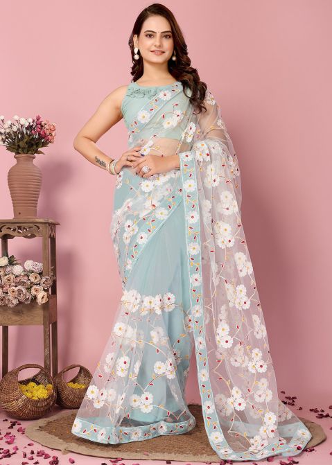 Blue Embroidered Saree In Net