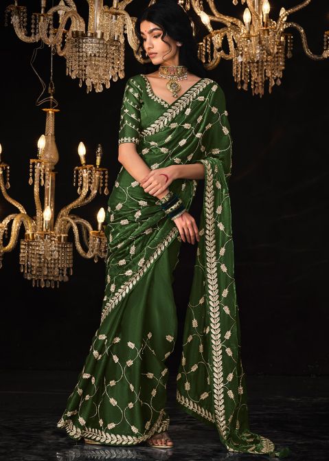 Green Sequins Embroidered Saree In Tissue