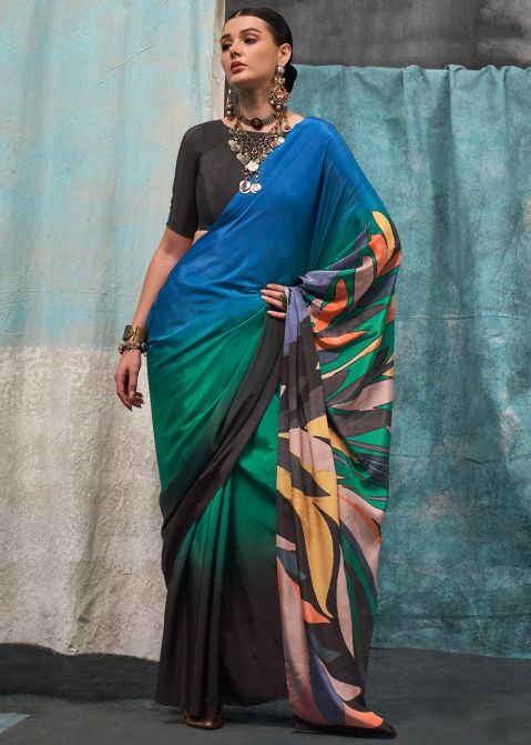 Multicolored Printed Crape Saree With Blouse