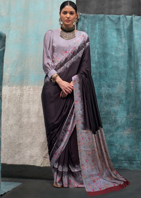 Purple Crape Saree In Floral Print