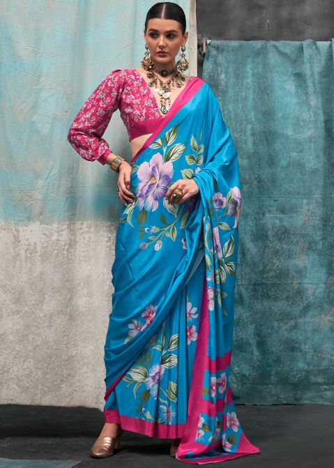 Blue Crape Saree In Floral Print