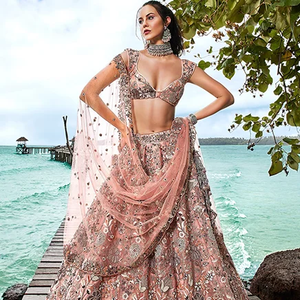 shop plunge neck lehengas