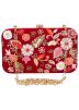 Red Floral Embroidered Silk Clutch With Chain Strap