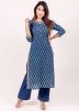 Blue Straight Cut Block Printed Kurta Pant Set