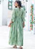 Green Readymade Floral Printed Cotton Flared Dress