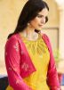 Yellow Embroidered Readyamde Jacket Style Gown In Cotton