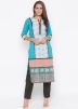 Turquoise and White Embroidered Paneled Kurta Pant Set