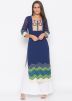 Blue Readymade Printed Border Long Kurta With Palazzo