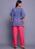 Blue Floral Block Printed Kaftan Top With Pant