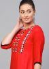 Red Embroidered Readymade Straight Cut Kurta Set