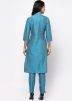 Blue Cotton Silk Readymade Long Kurta With Pant