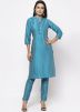 Blue Cotton Silk Readymade Long Kurta With Pant