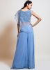 Blue Embellished Asymmetric Cape Style Top With Palazzo