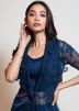 Navy Blue Embellished Jacket Style Top Palazzo Set