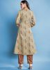 Readymade Floral Print Beige Kurta Set In Cotton