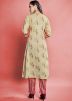 Printed Readymade Beige Cotton Kurta Set