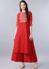 Readymade Embroidered Red Rayon Kurta Set