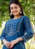 Readymade Blue Embroidered Chanderi Kurta Set