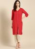 Red Front Slit Style Readymade Kurta Pant Set