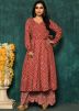 Red Readymade Bandhej Printed Kurta Set In Cotton