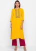 Readymade Yellow Rayon Embroidered Kurta & Palazzo