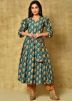 Green Flared Kurta Set In Digital Floral Print