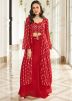 Red Embroidered Jacket Style Top & Skirt Set