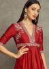 Red Embroidered Asymmetric Kurta & Pant