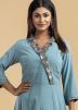 Blue Slit Style Embroiered Tunic In Crape