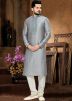 Readymade Grey Art Silk Kurta Churidar Set