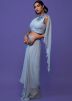 Blue Readymade Crop Top & Draped Skirt Set