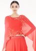 Red Georgette Asymmetric Cape With Skirt